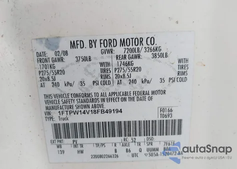 2008 Ford F-150 60Th Anniversary/Fx4/King Ranch/Lariat/Xlt from USA, damaged, VIN 1FTPW14V18FB49194